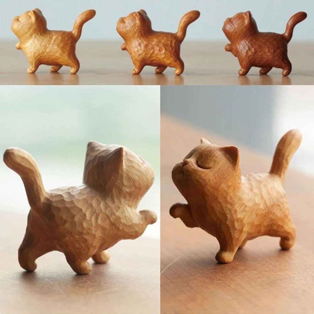 Small Wooden Cat Ornament Wooden Miniature Desk Animal Decoration Gift Animal Miniatures