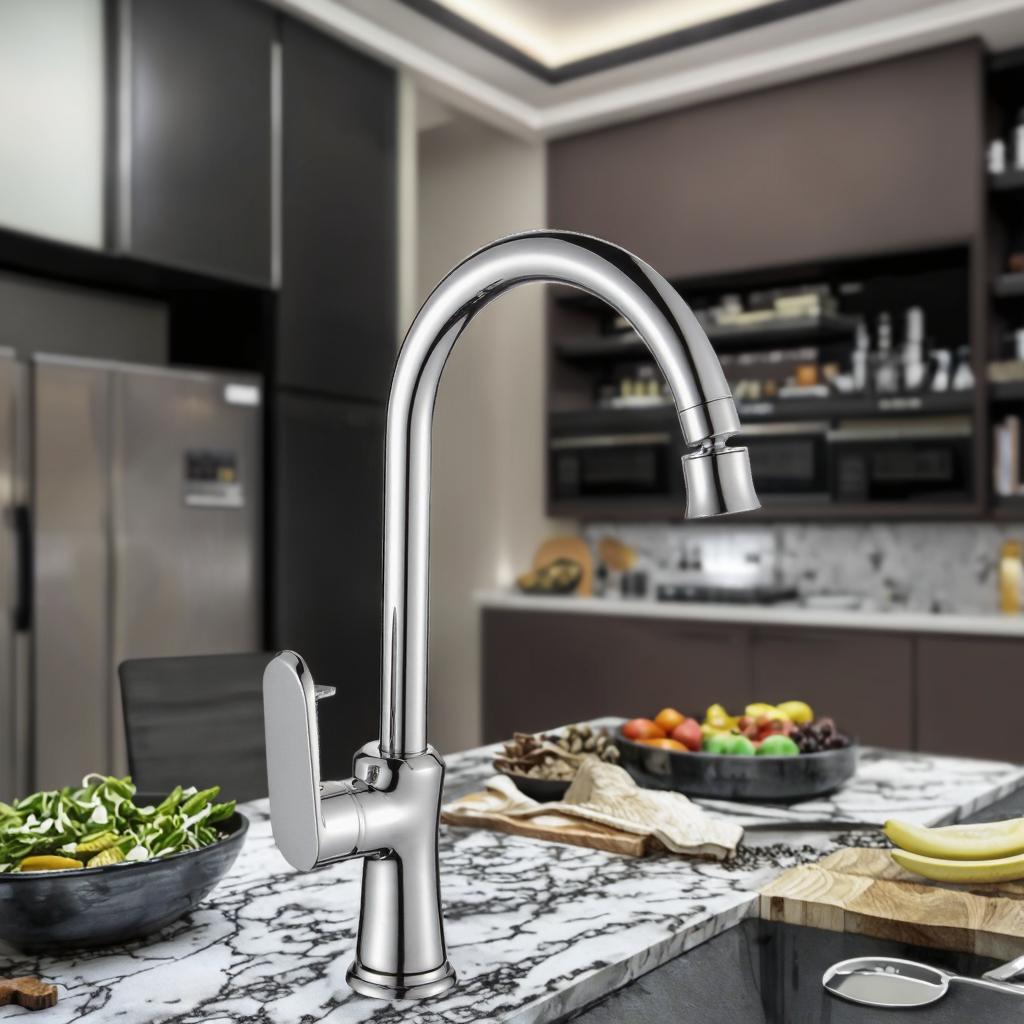 High Quality Single-Hole Brass Chrome Deck Mounted Kitchen Faucet Modern Design Classic Single Handle 1-Year Free Spare Ceramic