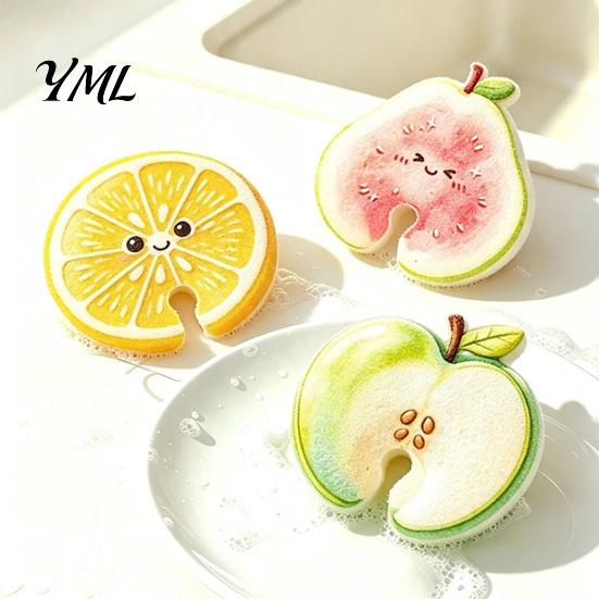 Absorbent Sponge for Countertops 2PCS Fruit Shaped Dishwashing Sponges, Pears/Oranges/Apples Shape, Wood Eco Friendly Dish Sponges Pulp Cellulose