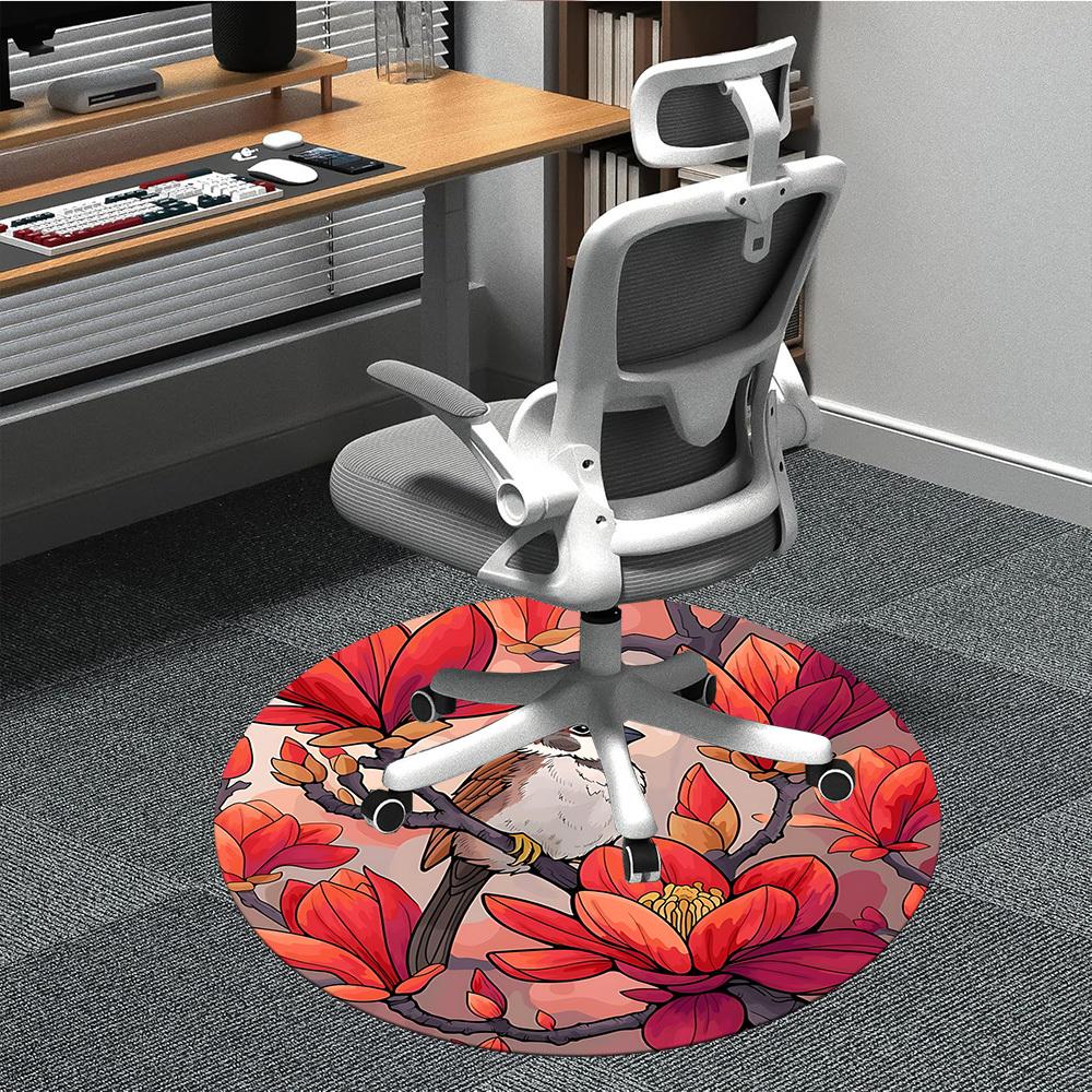 1pc Magnolia Bird Print Carpet for Office Non Slip, Round Carpet, Soft & Comfortable, Carpet for Office, Lightweight Round Floor Mat