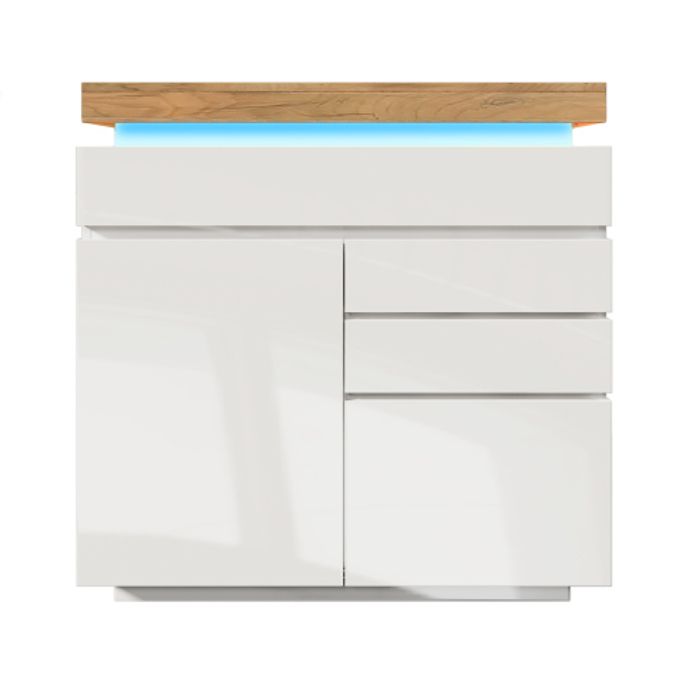 Commode - MUVOE - Buffet Brillant - 2 Portes - 3 Tiroirs - Éclairage LED