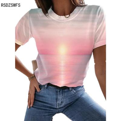 Летняя женская футболка с принтом 3D Ocean Landscape, уличная мода, повседневный короткий рукав, XXS-6XL, элегантный женский топ с круглым вырезом