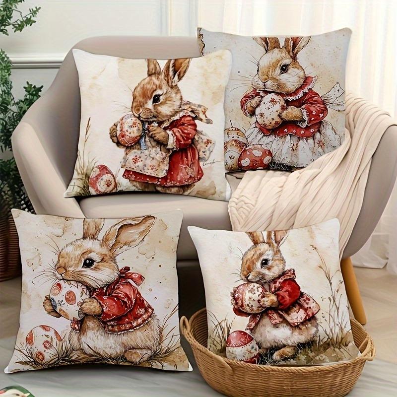 4 2D Retro Easter Bunny Pillowcases With Geometric Patterns, Suitable For Sofa, Living Room, And Bedroom Decor Pillowcases