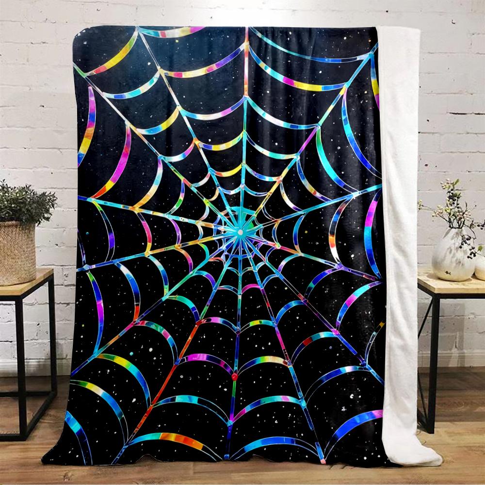 Rainbow Glow Spiderweb on Starry Night Flannel blanket for bedroom, living room, sofa, and nap sofas.