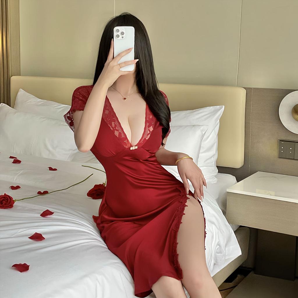 Сексуальная ночная рубашка из ледяного шелка с высоким разрезом, с открытой спиной, кружевные вставки, облегающий крой, пижама-камисоль, женское длинное платье 447, смелое, манящее, приятное для кожи