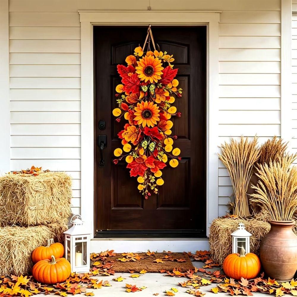 Rustic Artificial Fall Wreath Lifelike Fall Sunflower Teardrop Swag Outdoor Wall