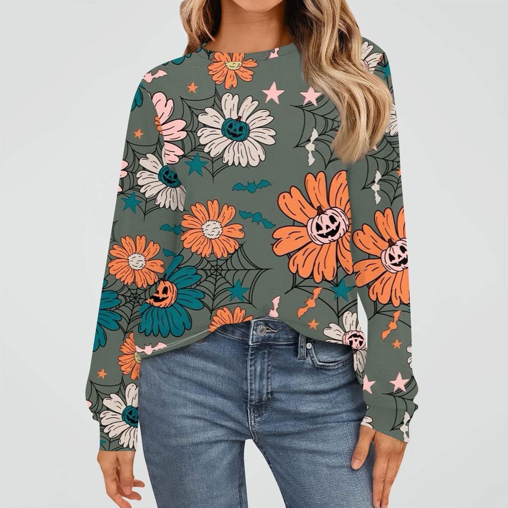 Women's Fashion Long Sleeve Shirts Loose Fitted Crewneck Basic Halloween Print Tops Casual Outfits