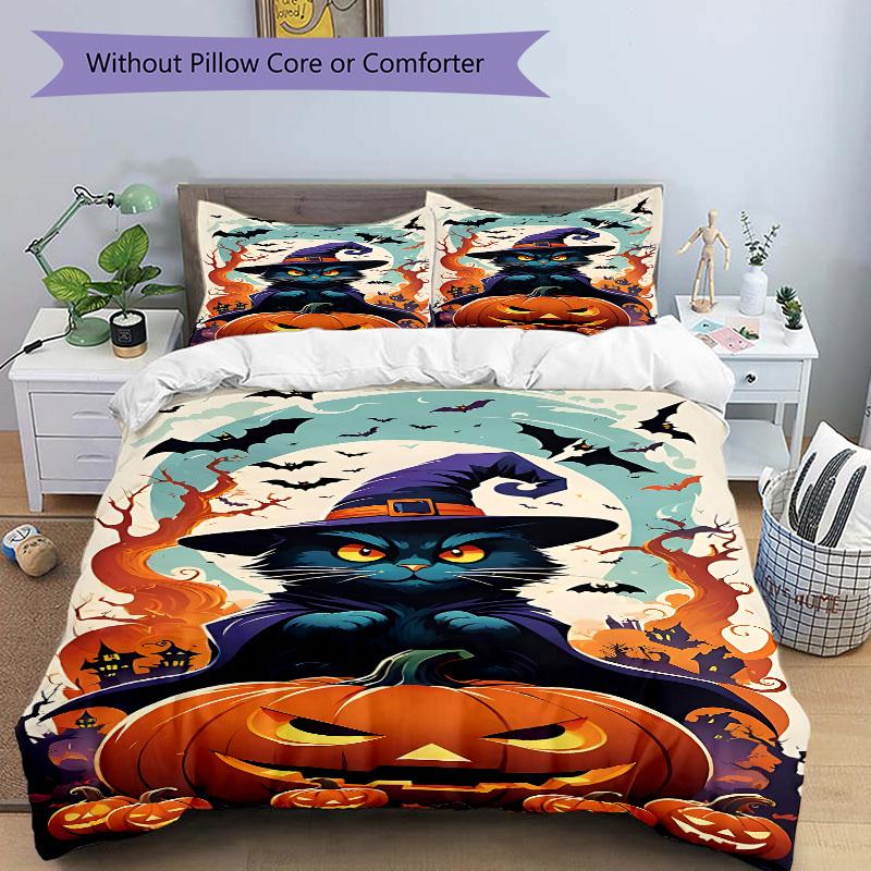 3pcs Halloween Cat Bedding Set, Includes 1 Comforter + 2 Pillowcases, Without Pillow Inserts, Soft Comfortable, Lightweight Breathable079
