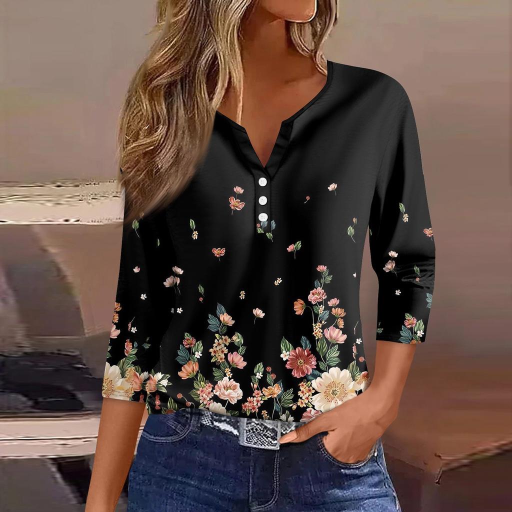 Women's T Shirt Tee Print Button 3/4 Sleeve Daily Weekend Fashion Basic V- Neck Regular Top
