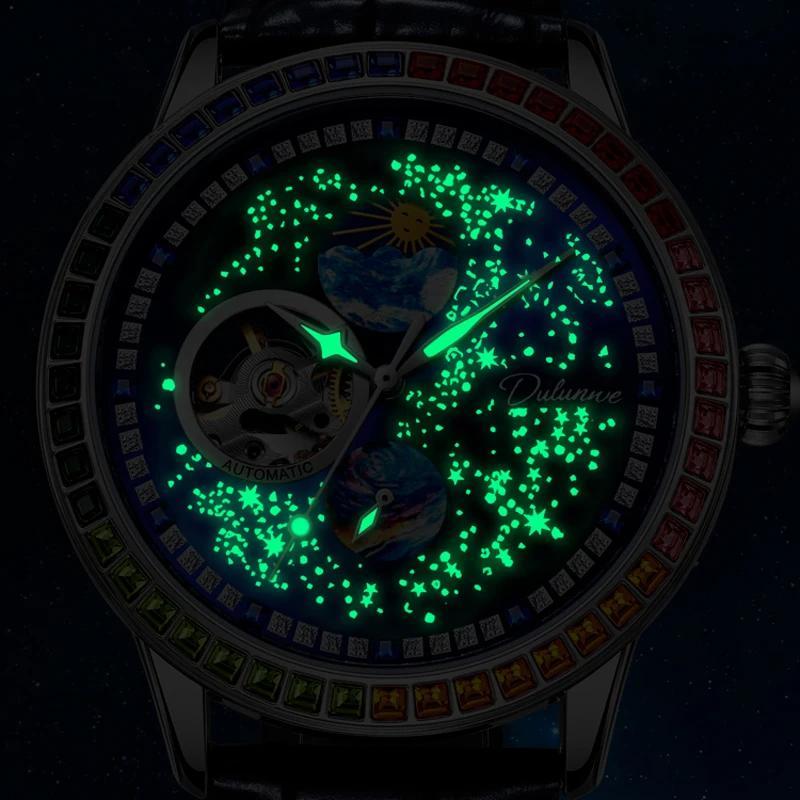 Dulunwe Business Skeleton Tourbillon Automatic Self-Winding Mechanical Watches Trend Fashion Color Diamond Sky Dial Men Watch Waterproof