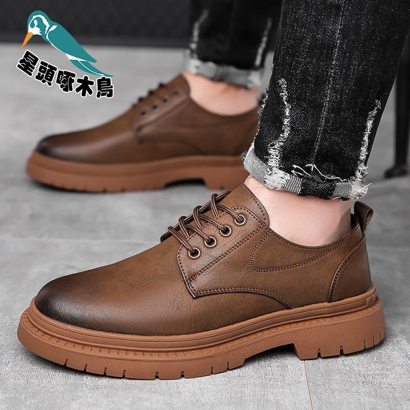 British Style Round Head Leather Shoes Leather Non-slip Lace-up Casual Tooling Men's Martin Shoes Shoes