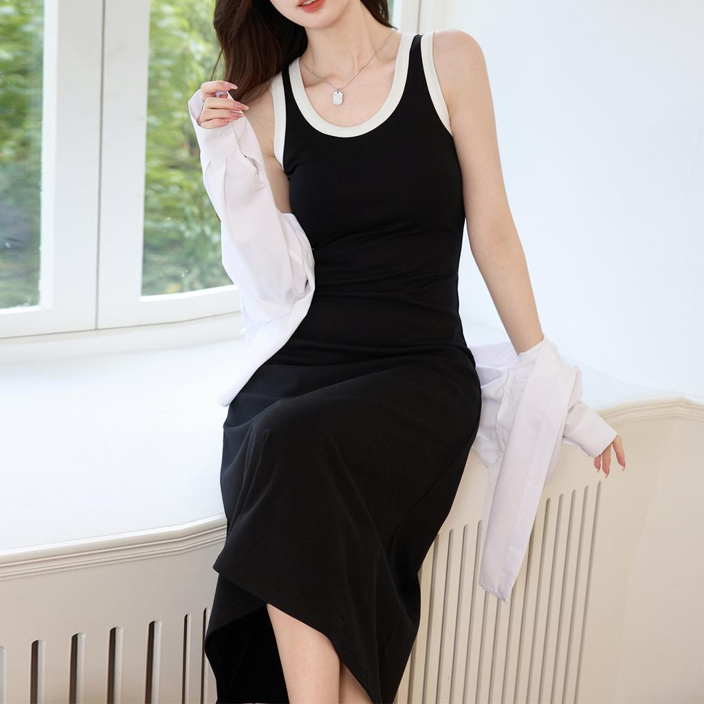 Contrasting Color Design Sense Pendulum Vest Dress Women's Summer New Cotton Thin Dress