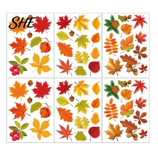 No Glue Removable Window Film 6Pcs Fall Clings, Pumpkin Maple Leaf Autumn Thanksgiving Indoor Atmosphere Stickers Decorative Stickers, Adhesive-Free
