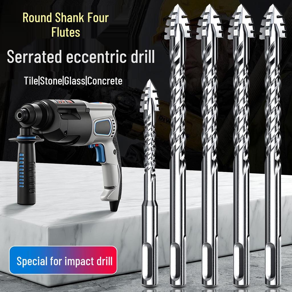 Сверхдлинное сверло с цилиндрическим хвостовиком, зазубренное, эксцентриковое – четырехзаходное, две канавки для сверления бетона и плитки