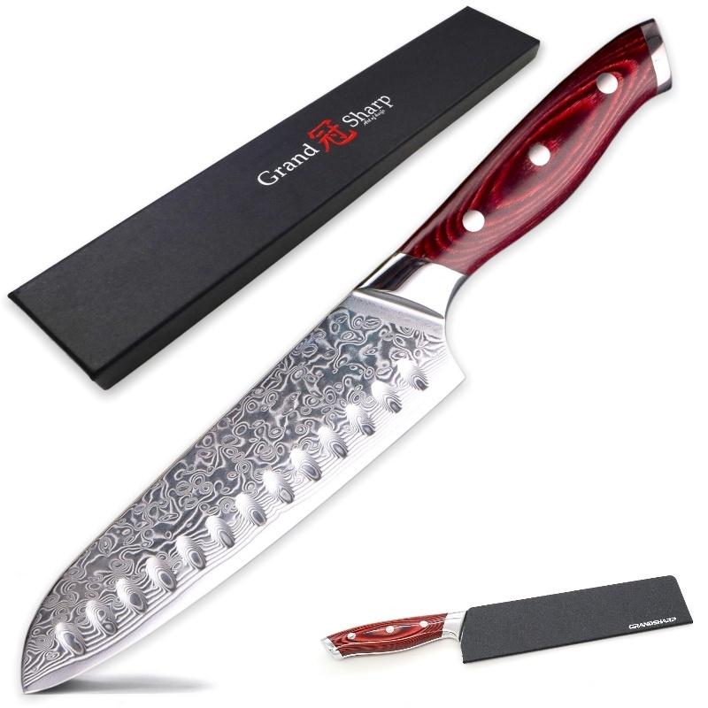 Grandsharp 7-дюймовый нож шеф-повара Santoku Дамасская сталь 67 слоев VG10 Кухонный нож из японской стали