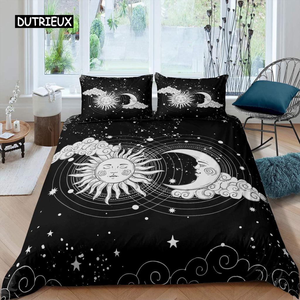 Комплект пододеяльника Sun Moon Queen Микрофибра Богемный Черно-белый принт Инь Ян Пододеяльник Галактика Звезда Полуторный Комплект постельного белья