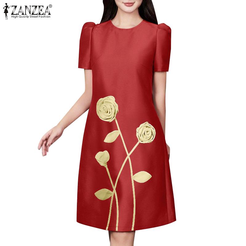 ZANZEA Женское повседневное летнее платье с круглым вырезом и коротким рукавом с принтом