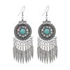 Vintage Miao Silver Fringed Earrings with Turquoise Long Indian Bohemian Earrings Exotic Earrings