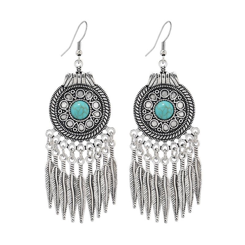 Vintage Miao Silver Fringed Earrings with Turquoise Long Indian Bohemian Earrings Exotic Earrings