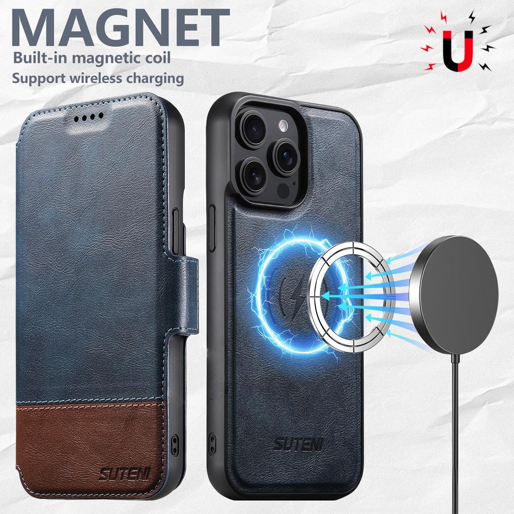 SUTENI Q-06 For iPhone 15 Pro Case Color Splicing Magnetic Detachable Leather Phone Cover