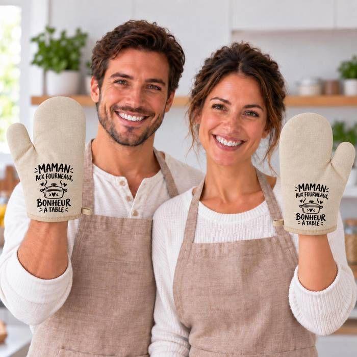 Gant de Cuisine Beige Maman aux fourneaux, bonheur à table | Coton Recyclé 280 g/m² 17 × 26 cm Dos Matelassé | Taille Unique Four