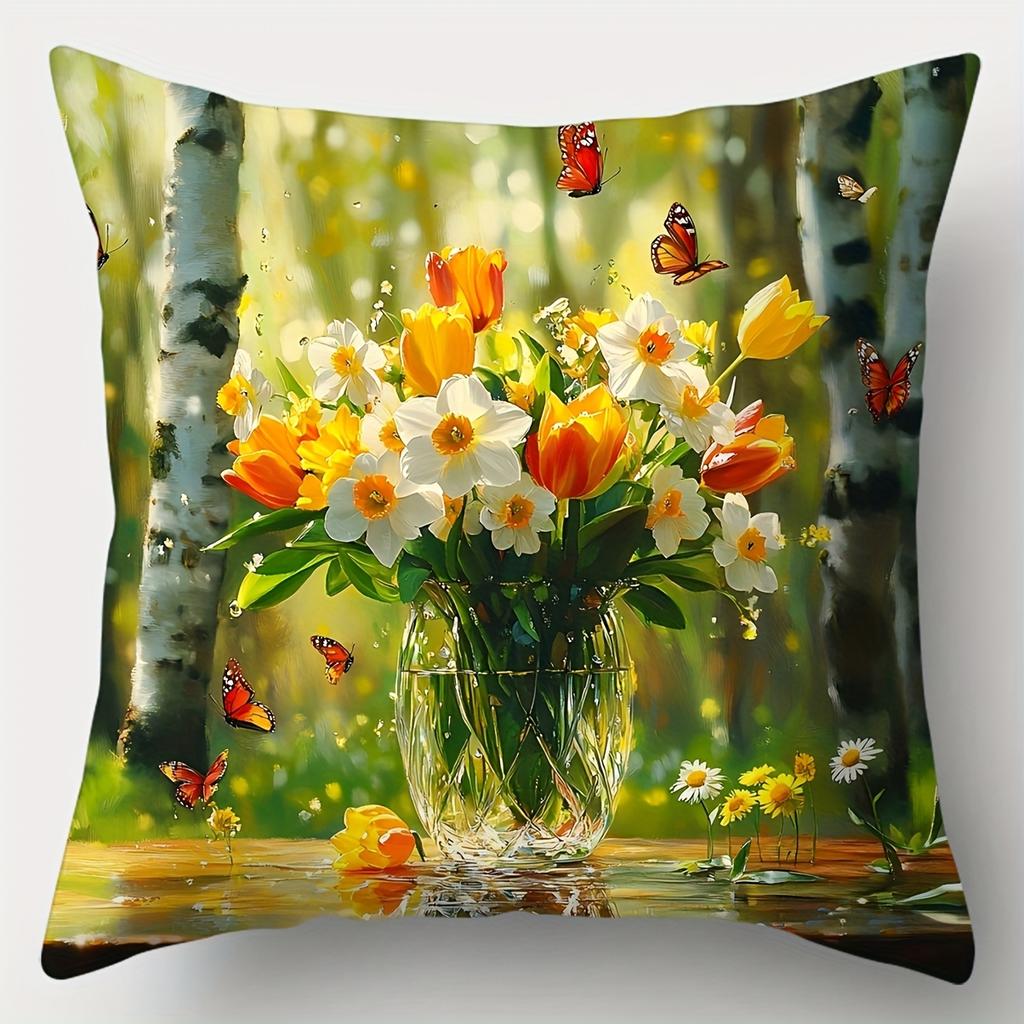 Double-Sided Printed Pillow Covers, Vibrant Tulip Daffodil Bouquet Butterflies Print Cushion Cases Nature-Inspired Home Decor