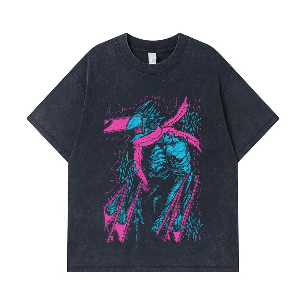 275 GSM Washed T-shirts 100% Cotton Chainsaw Man V10 Denji Print Unisex Heavy Cotton T Shirt