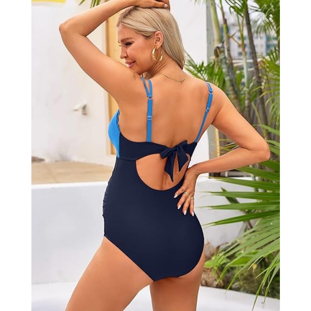CHARMLEAKS Scallop Trim Maternity Swimsuit One Piece V Neck Pregnancy Bathing Suit Ruched Swimwear Cutout Tie Back