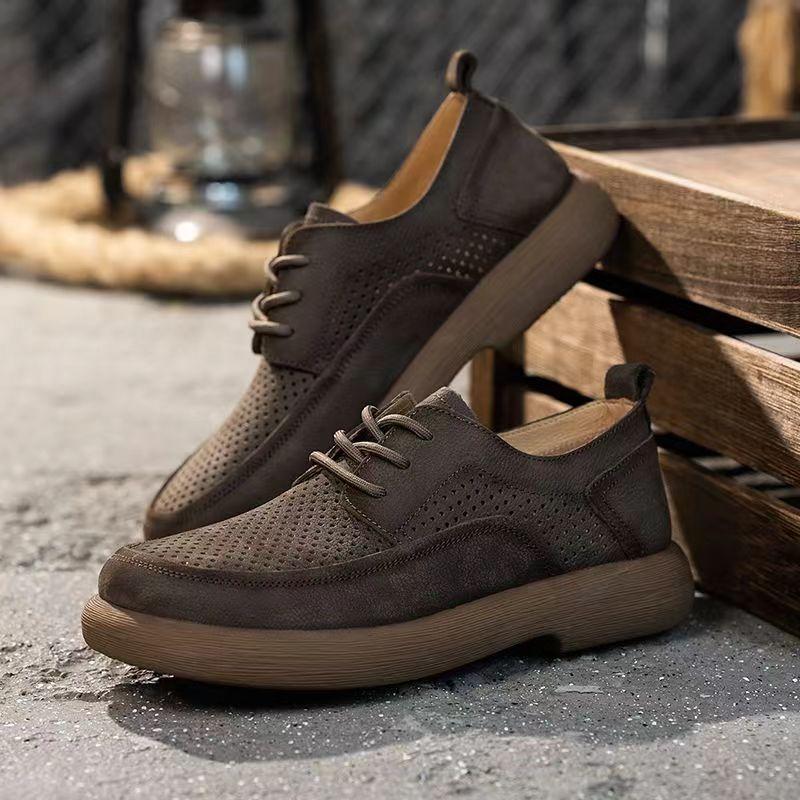 Перфорированная кожаная обувь мужская обувь с отверстиями лето новая мужская обувь кожаная дышащая трендовая универсальная платформа ретро повседневная обувь