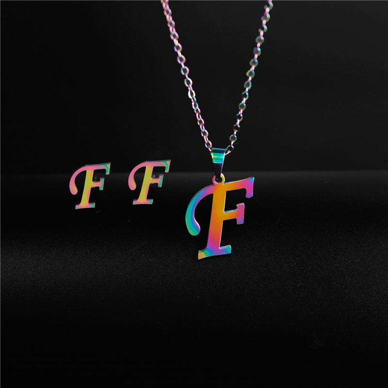 RUI RUI YU 26 Letter Colorful Stainless Steel Jewelry Sets for Women Men Alphabet Initial Chain Pendant Necklace Earrings Kids Gift