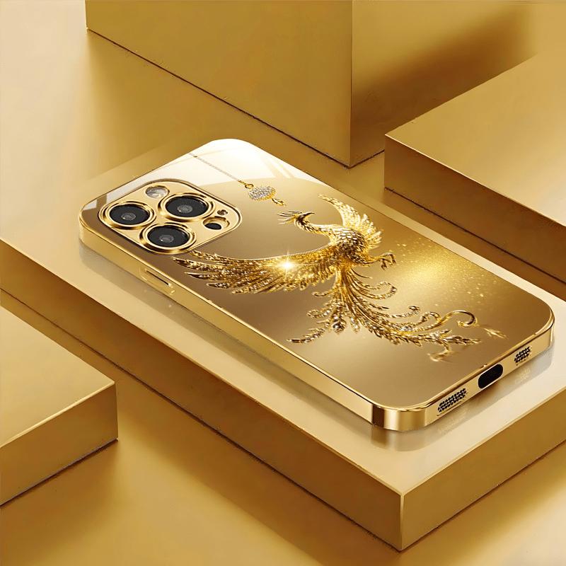 Стеклянный чехол для телефона 'Алмазный Золотой Феникс' Подходит для iPhone 17 16 15 14 13 12 11 Pro/Max/Plus Противоударная и противоскользящая задняя крышка