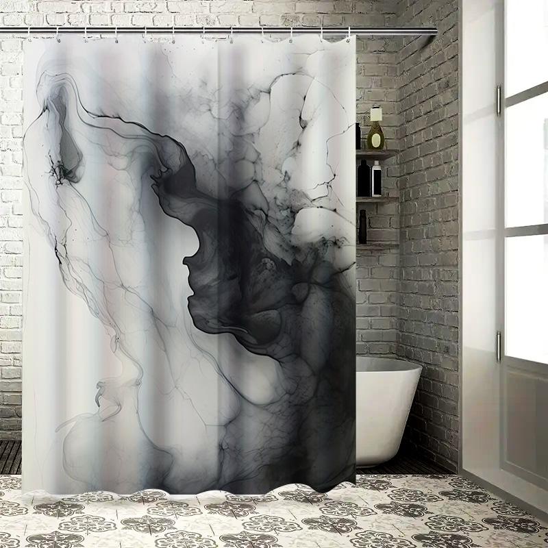 White Shower Curtain with Black Smoke Effect Decorative Print for Bathroom Decoration Polyester Material Waterproof Fabric Shr