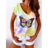 Summer V-neck 3D Butterfly Pattern Printed Top Fashionable Casual Short Sleeved Women's T-shirts