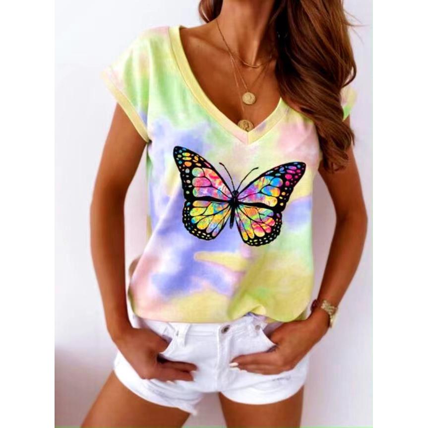 Summer V-neck 3D Butterfly Pattern Printed Top Fashionable Casual Short Sleeved Women's T-shirts