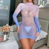 Long-sleeved Hip Skirt Short Skirt Gradual Change Blue Sex Underwear Hollow Backless Mesh Tights