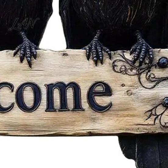 Window Hanging Decor Halloween Crow Door Hanger Sign, Wooden Black Welcome Gothic Natural Hemp Rope Sign Plaque, Rustic Vintage Outdoor for