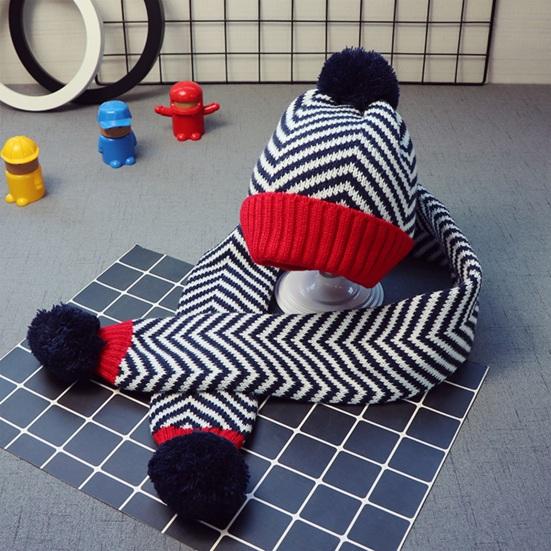 2 шт./компл. Детская осенне-зимняя шапка и шарф, плюшевый помпон, полосатый принт, шапка без полей, вязаный шарф
