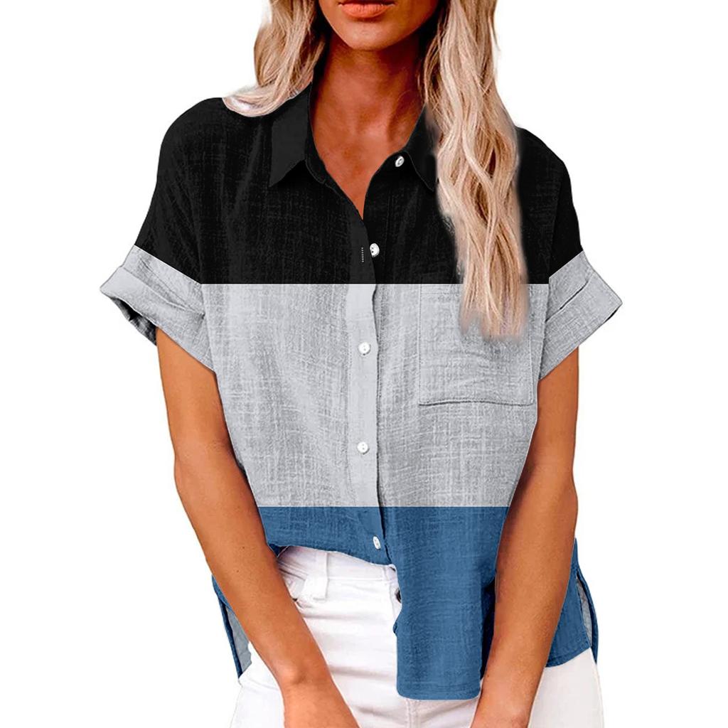 Женская модная свободная повседневная рубашка с короткими рукавами и отворотами на пуговицах с принтом и карманной футболкой Топ