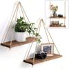 2PCS Wooden Swing Hanging Hemp Rope Wall Shelve Mounted Floating Home Living Room Plant Flower Pot Tray Storage Garden Decoration