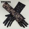 Sexy Black Hollow Lace Sparkling Diamond Gloves Breathable Thin Cycling Sunscreen Gloves Wedding Dress Accessories