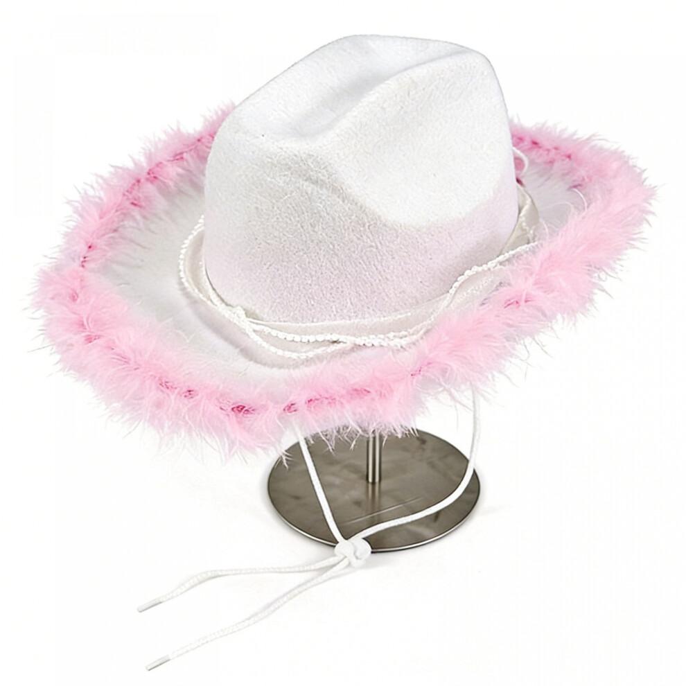 (M, White) Girls Cowgirl Hat Plush Edge Stylish Western Sun Hat with Pearl Ribbon Bow Belt Decor