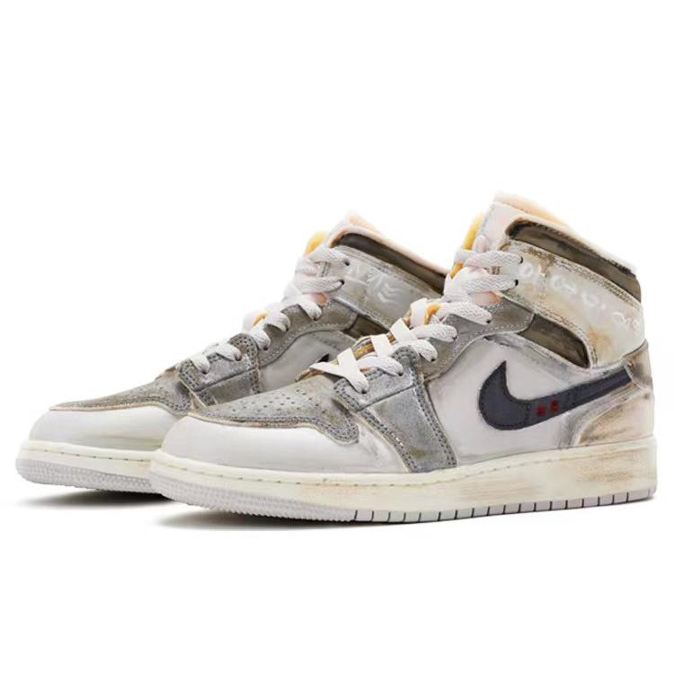 Jordan Air Jordan 1 Mid Амортизация Нескользящая Износостойкая Высокие Баскетбольные Кроссовки Мужские Серый Белый Коричневый DM9652-100(Команда-)