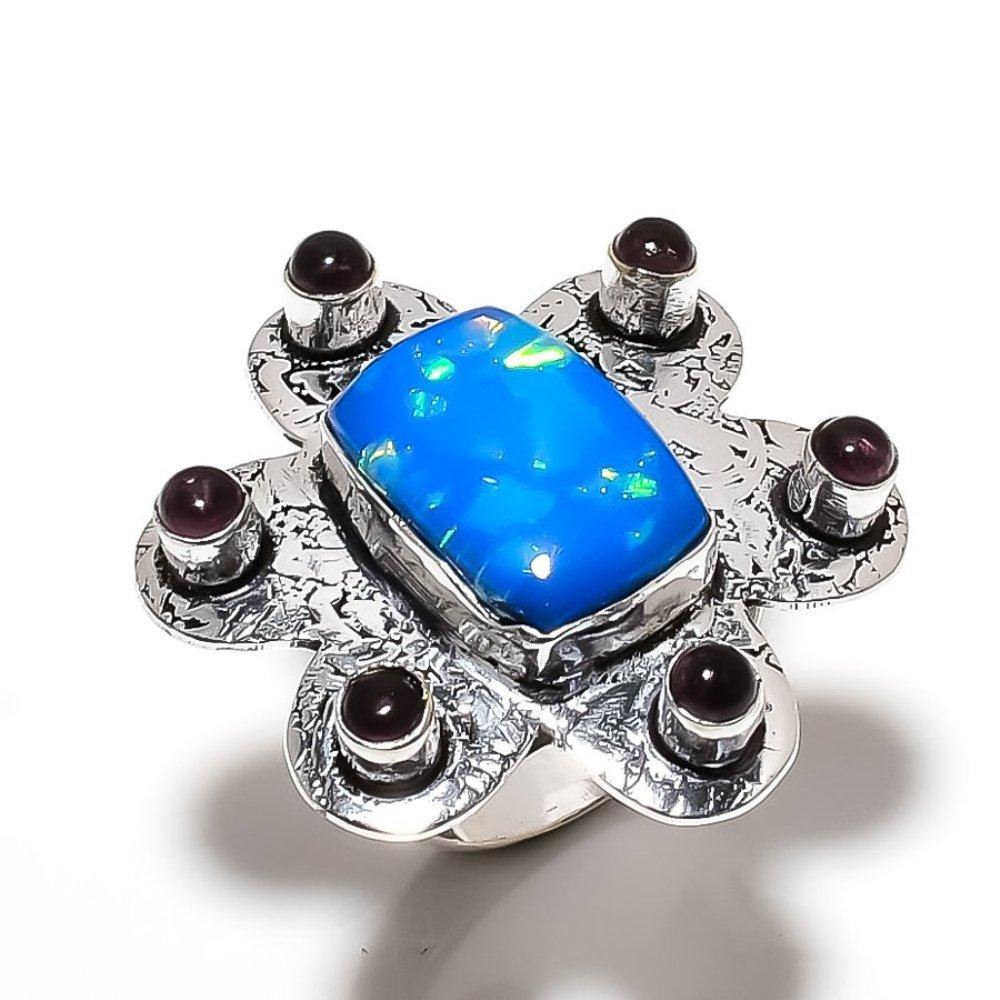 Natural Blue Triplet Opal,Amethyst Gemstone 925 Sterling Silver Ring Size 9 w8H93