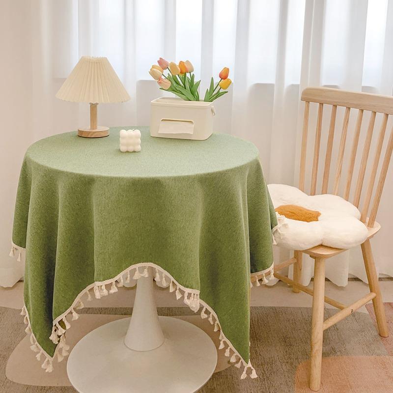 Solid Color Tassel Round Table Cloth Soft Simple Fabric Cover Home Balcony Round Tea Table Decorative Dustproof Table Mat Cloth
