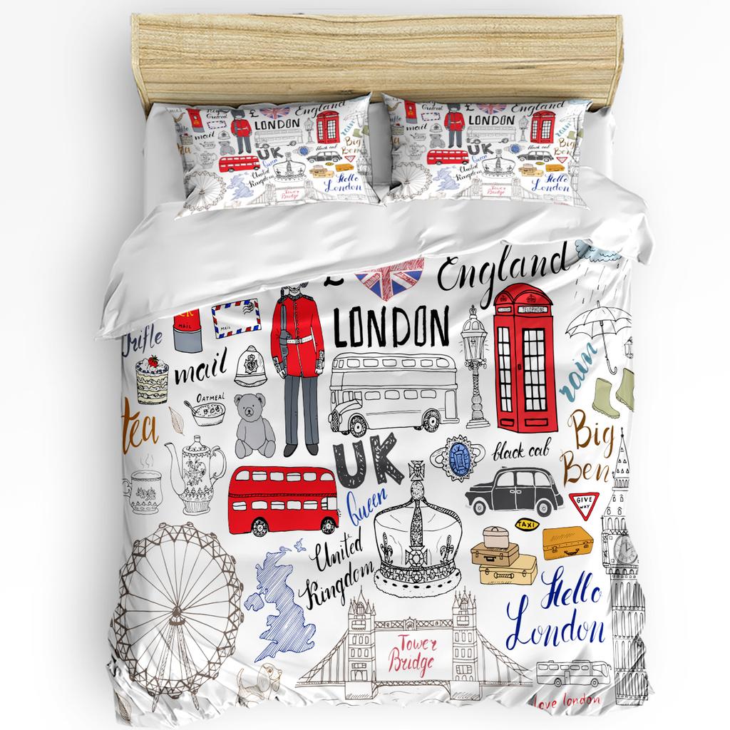 Tea Party Bedding Set For Bedroom Bed Home London Newspaper Inspired Background with Grung Duvet Cover Quilt Cover Pillowcase