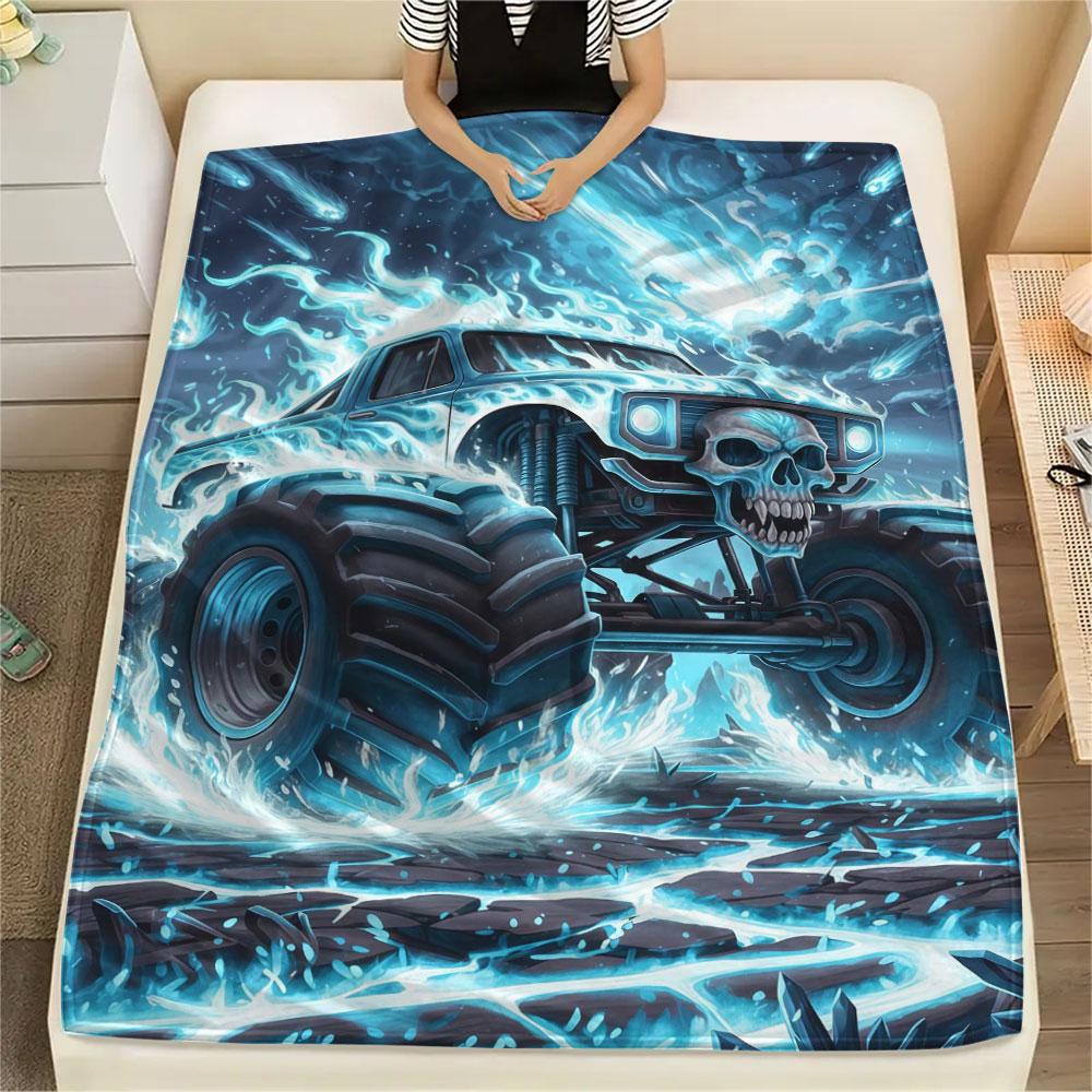 1Pc BadBeastTruck Print Flannel Blanket, High quality Comfortable for All Seasons, Home Decor, Warmth and Comfort, Perfect for Christmas Gifts