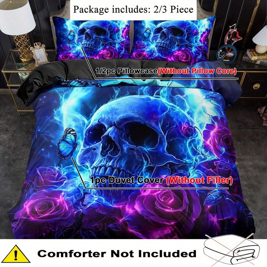 3PCS Fantasy Blue Skull 3D Digital Visual Printed Quilt Cover Set Duvet Cover No Filling Cool King Queen Size For Bedroom Decor
