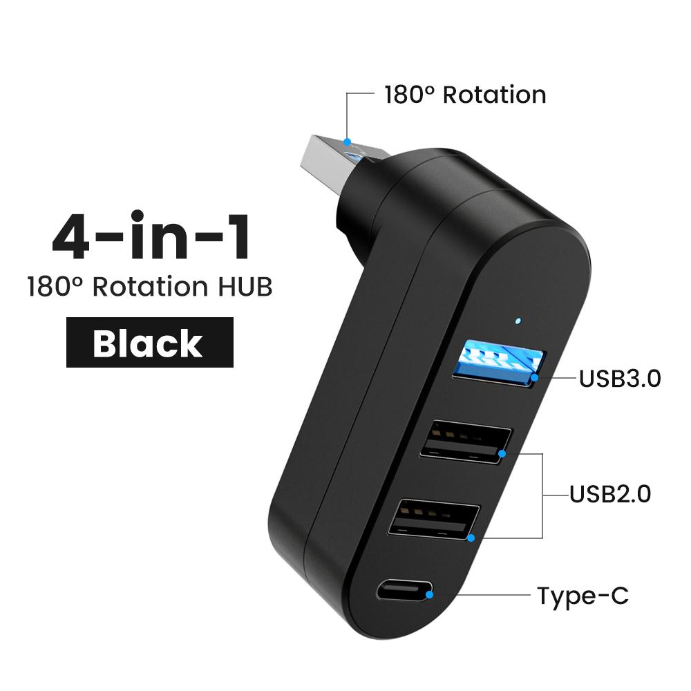 4-портовый USB 3.0 хаб с поворотом на 90° и 180°, 3 порта USB-A, 1 порт USB-C, передача питания и данных для ПК, компьютера, ноутбука, автомобиля, iMac, MacBook Air Pro, адаптер