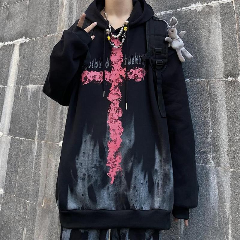 Зимние толстовки для мужчин, уличная одежда в стиле хип-хоп, Harajuku, черная толстовка с готическим принтом, плюс бархат, большие размеры Y2k