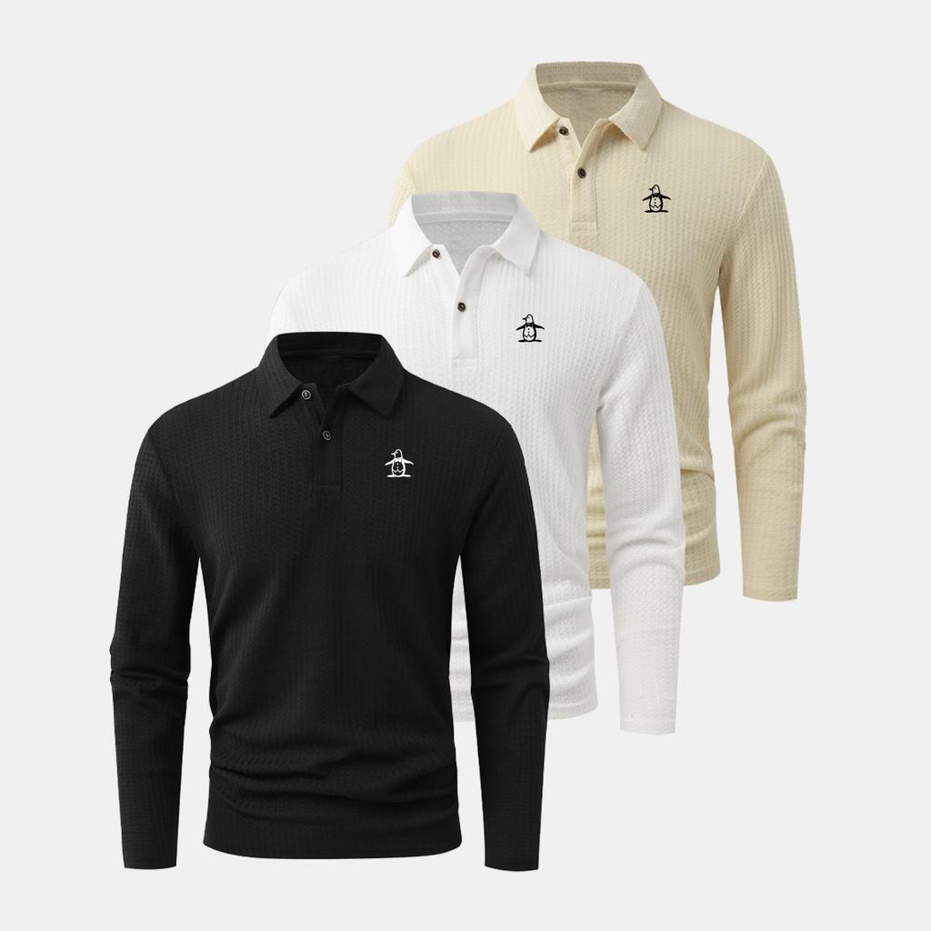 Lightweight, Drapey Men's 3pcs Set Long-Sleeve Polo Shirt-Skin-Friendly, Breathable Fabric; Moisture-Wicking—A Summer Essential